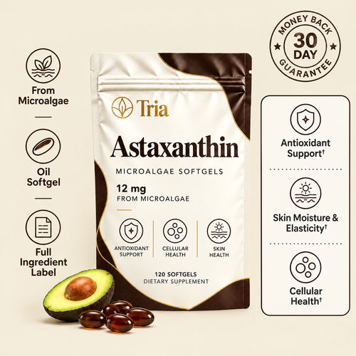 Tria Astaxanthin Soft Gels with 12 mg astaxanthin and 30-day money back guarantee