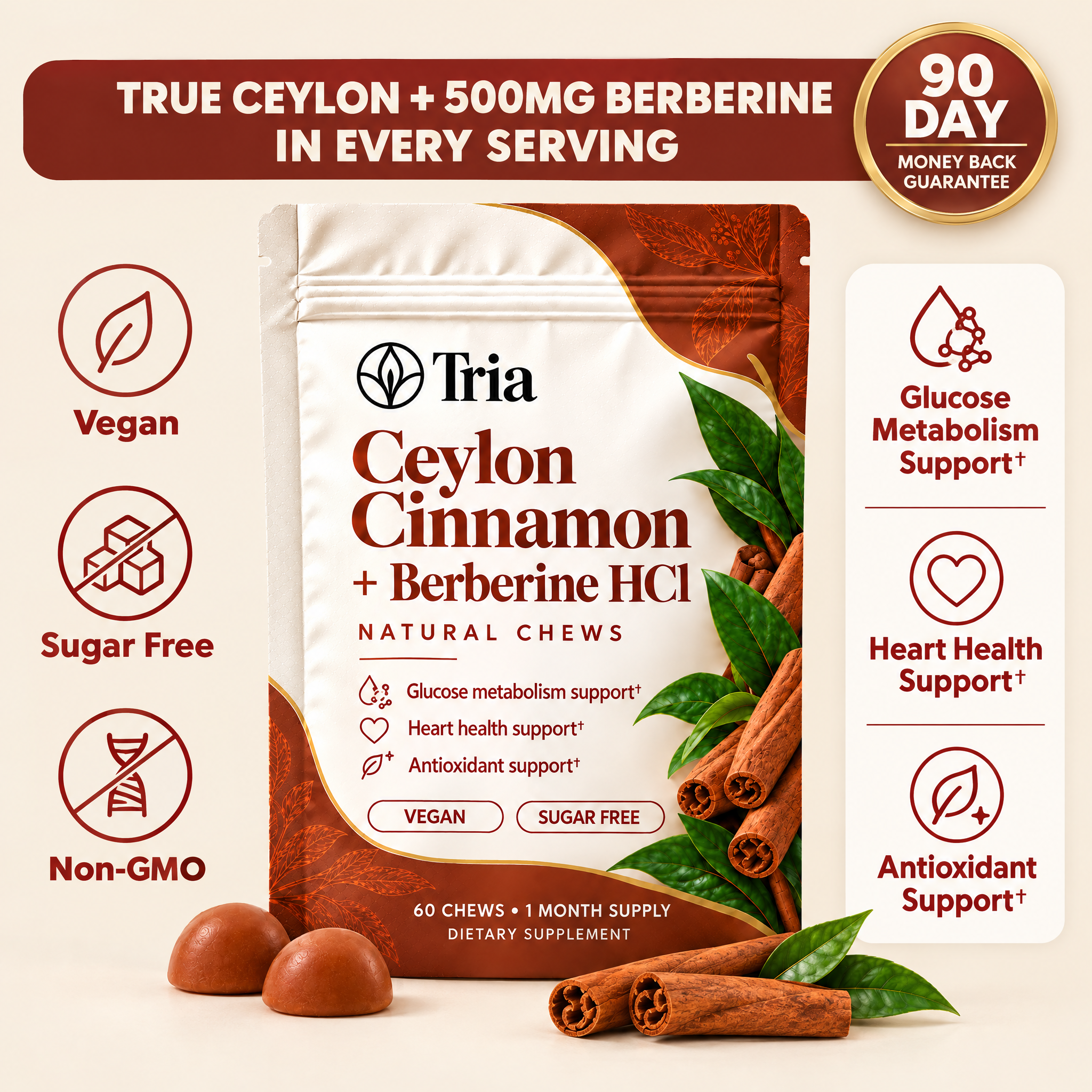 Tria Ceylon Cinnamon + Berberine HCl Natural Chews pouch